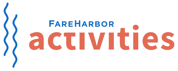 Logo with 'FareHarbor activities' in blue and orange text, with wavy blue lines on the left.
