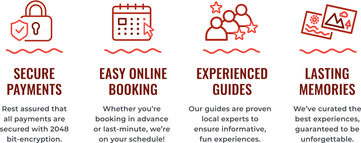 Four icons and text: Secure Payments, Easy Online Booking, Experienced Guides, Lasting Memories.